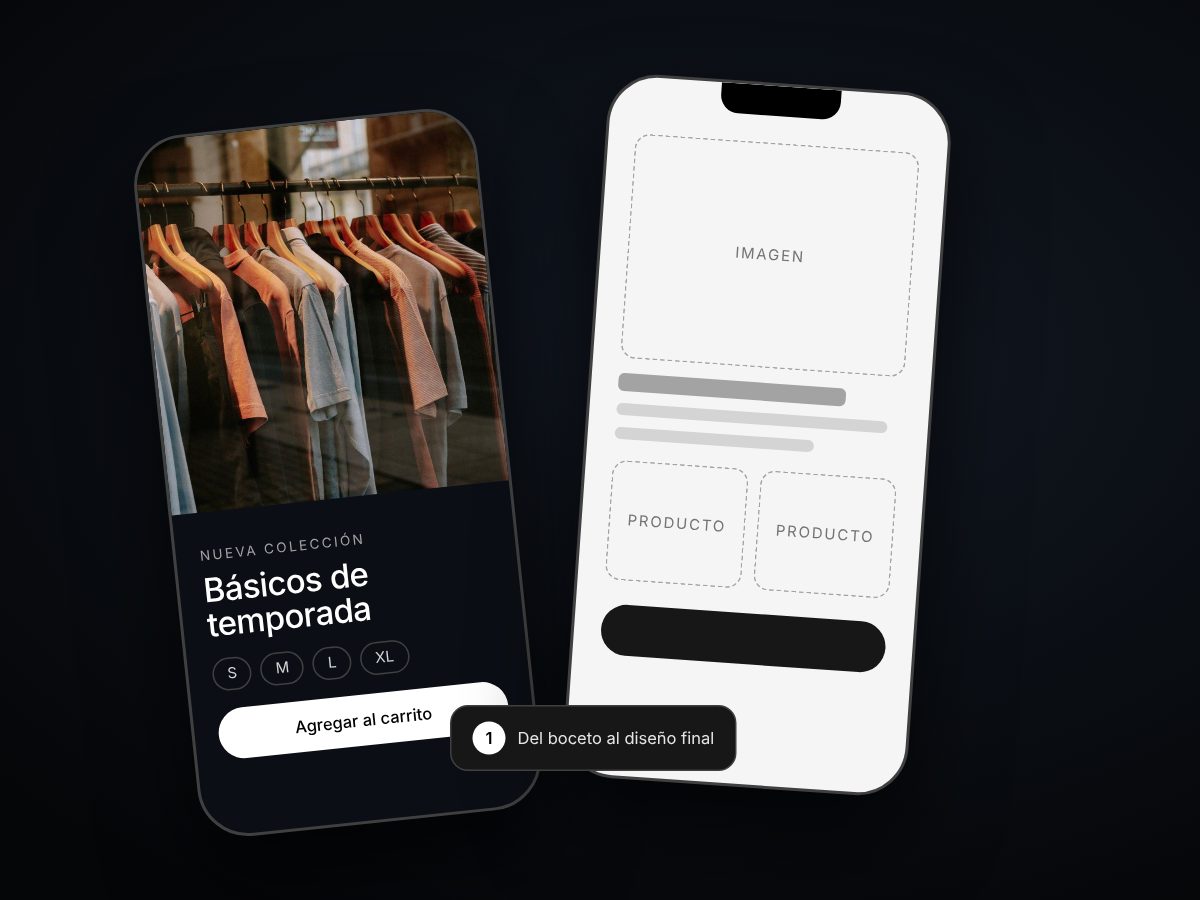 Diseño de una app de ropa en celular junto a su boceto